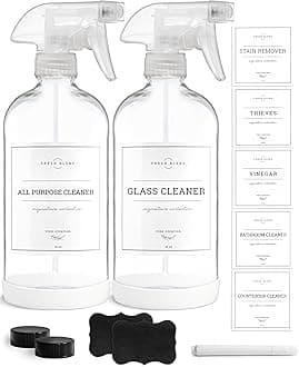 Vine Creations Glass Spray Bottles, 2 Pack Refillable Spray Bottles for Cleaning Solutions, Clear Spray Bottle for plants, Water Spray Bottle Sprayer, Glass Spray bottles 16 oz with Waterproof Labels