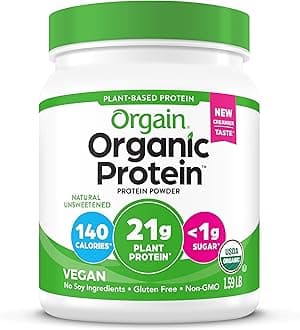 Organic Vegan Protein Powder, Natural Unsweetened - 21g of Plant Protein, 4g Prebiotic Fiber, Low Net Carbs, No Lactose Ingredients, No Added Sugar, Non-GMO, For Shakes & Smoothies, 1.59 lb