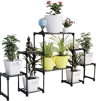 Keeva 8 Step Long Plant Stand (Black) For Balcony, Living Room, Flower Pot Gamla Stand Indoor/Outdoor, Planter Stand For Decor