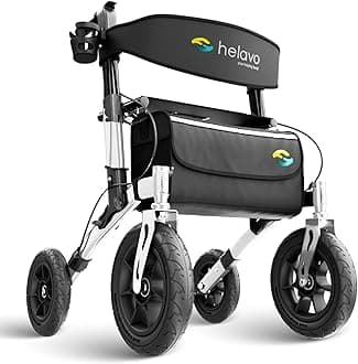 Helavo All Terrain Walker with Puncture-Proof, Flat-Free Solid Rubber Tires - Foldable Outdoor Walker for Seniors with Seat - Best Comfort on All Surfaces