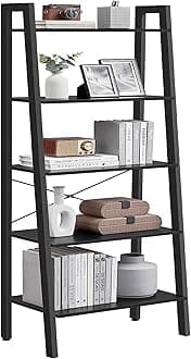 Ladder Shelf, 5-Tier Bookshelf, Storage Rack, Bookcase with Steel Frame, for Living Room, Home Office, Kitchen, Bedroom, Industrial Style, Ebony Black and Ink Black ULLS045B56