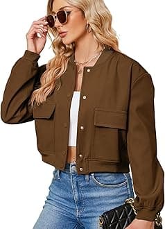 Zando Bomber Jacket Women 2025 - Short Cropped Jacket Women Button Down Long Sleeve Casual Varsity Jackets with Pockets