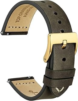 WOCCI 20mm Old-fashioned Watch Band for Men, Top Grain Leather, Golden Polished Buckle (Grey Brown)