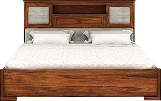 Ganpati Arts Solid Sheesham Wood Maharaja Queen Size Bed with Headboard Storage Wooden Double Bed Palang for Bedroom Home (Natural Finish)