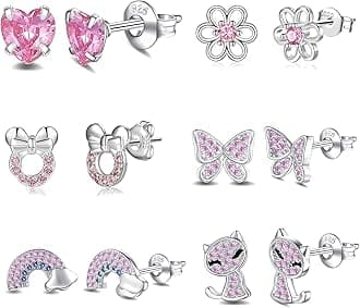 RANKEEF6 Pairs Huggie Hoop Earrings for Girls 925 Sterling Silver Stud Sets Cute Kids Heart Hoops Tiny Cubic Zirconia Flower Stud Small Hypoallergenic Cartilage Sleeper Earrings for Teen Toddler Childs Women