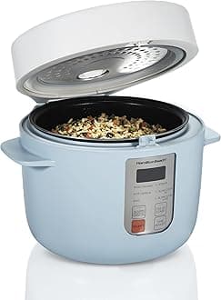 Hamilton Beach Digital Programmable Rice Cooker & Food Steamer,12 Cups Cooked (6 Uncooked), with Slow Cook & Hard-Boiled Egg Functions, Steam & Rinse Basket, Blue (37561)
