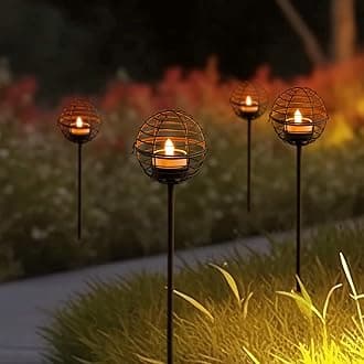 Solar Pathway Lights Outdoor, Rust Iron Ball Candle Holder Stake with Flickering Solar Powered Tea Lights, Perfect Decorative Garden Lighting for Yard Lawn Patio Landscape Decor Outside-4Pack