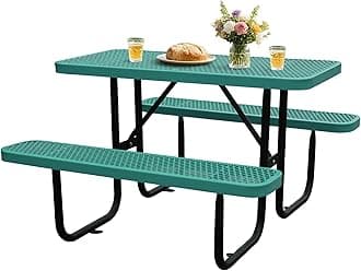 4FT Outdoor Picnic Tables,Heavy-Duty Metal Rectangular Picnic Table,Expanded Metal Commercial-Grade Table with 2 Benches & Umbrella Hole,Waterproof Coating Beach Table for Patio,Garden, Backyard