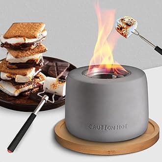 Table Top Firepit with S'Mores Kit - Mini Fire Pit for Indoor & Outdoor - Smokeless Fire Pits for Outside - Smore Maker Tabletop Indoor Kit - Extendable Forks & Wooden Base- Concrete Round Mid Grey