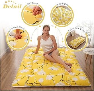 Zelladorra Japanese Floor Mattress, Futon Mattress with Portable Storage Bag and Washable Cover, Roll Up Thick Tatami Mat Suitable for Camping, Guest Room, Yellow Flower, Queen