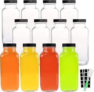 HINGWAH 16 OZ Glass Drink Bottles, Set of 12 Vintage Glass Water Bottles with Lids, Great for storing Juices, Milk, Beverages, Kombucha and More (Labels and Sponge Brush Included)