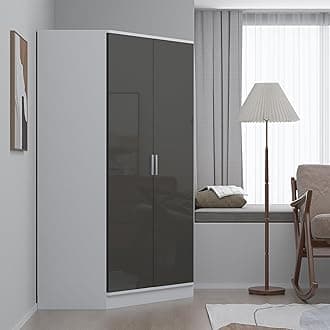 Reflect 2 Door Corner Wardrobe | Grey Gloss & Matt White | Bedroom Storage with 2 Hanging Rails & 8 Shelves | H: 180cm x W: 103cm x D: 103cm | Modern Space Saving Design