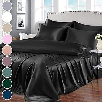 Homiest 7pcs Satin Sheets King Size Bed Set Satin Sheet Set, Black Bed Sheets Luxury Silky Satin Bedding Set, 1 Deep Pocket Fitted Sheet, 1 Soft Flat Sheet, 4 Pillowcases, 1 Body Pillowcase
