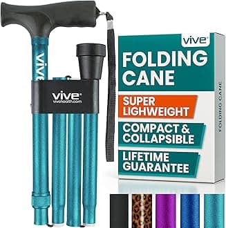 Vive Folding Cane Foldable Walking Cane For Fold Up Collapsible Lightweight Adjustable Portable Hand Walking Stick Balancing Mobility Aid Sleek Comfortable T Handles