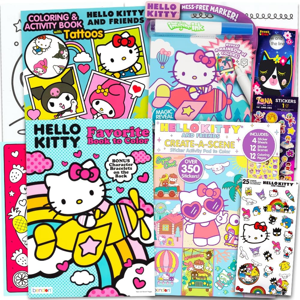 Coloring and Activity Books Super Set ~ 4 Hello Kitty Books, Stickers, and Beach Kids Door Hanger