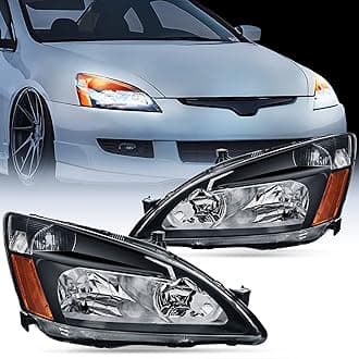 Headlight Assembly for 2003 2004 2005 2006 2007 Accord Replacement Headlamp Black Housing Amber Reflector, 2 Years Warranty
