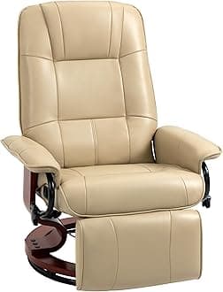 HOMCOM Swivel Recliner Chair, PU Leather Reclining Armchair with Retractable Footrest, Lounge Chair with Wood Base and Adjustable High Back for Small Spaces, Living Room, RV, Bedroom, Cream White