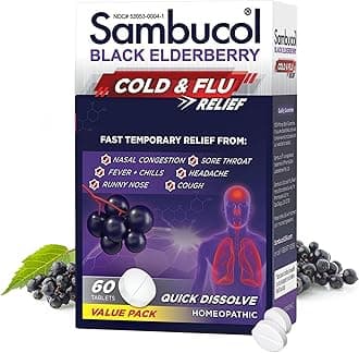 Cold and Flu Relief Tablets - Homeopathic Cold Medicine, Nasal & Sinus Congestion Relief, Use for Runny Nose, Sore Throat, Coughing, Fever, Cold Remedy for Adults - Black Elderberry, 60 Count