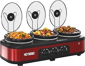 Triple Slow Cooker, 3 x 1.5 QT Portable Small Dual Crock Cooker, Buffet Servers and Warmers Dishwasher Safe, Removable Ceramic Pot Glass Lid, Stainless Steel, Red