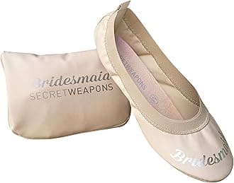 White Bride & Bridesmaid Fold Up Ballet Flats-Foldable Bridal Wedding Party Shoes with Bride & Bridesmaid Print-Cute Purse unfolds into a Tote Carry Bag