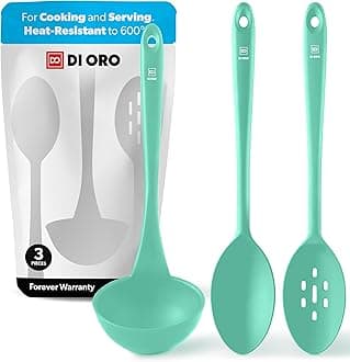 DI ORO Silicone Ladle & Spoons for Cooking – Large Kitchen Spoons for Mixing, Serving, & Stirring - Soup Ladle with Wide Bowl - High Heat Silicone Kitchen Utensils for Nonstick Cookware Safe (Mint)