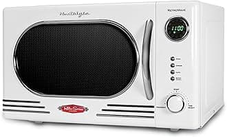 Retro Countertop Microwave Oven - 1.1 Cu Ft & 1000 Watt Power- Easy to Clean with Removable Glass Turntable - Child Safety Lock - 12 Programs - Digital Clock - White