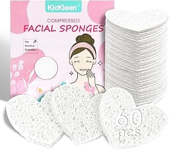 60-Count Compressed Cellulose Heart Shape Facial Sponges | 100% Natural Cosmetic Spa Sponges for Facial Cleansing | Exfoliating | Makeup and Mask Removal | Reusable |Skin Massage (White)