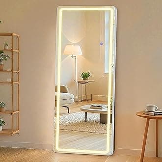 64"x21" Full Length Mirror Standing Mirror with LED Lights, Lighted Floor Mirror with Stand, Full Body Mirror w/Dimming & 3 Color Lighting, Wall Mirror Full Length Aluminum Alloy Thin Frame, White