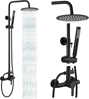 Outdoor Shower Fixtures SUS304 Stainless Steel Rain Shower Kit Faucet High Pressure Wall Mount 2 Dual Function 8 Inch Showerhead and Handheld Spray Combo, Single Handle, Matte Black
