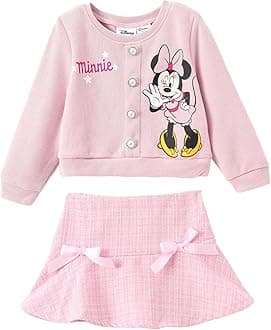 Frozen Elsa Stitch Princess Moana Minnie Toddler Girl 2 Piece Outfit Kid Pearl Button Knit Top & Tweed Skirt Set 2-13Y
