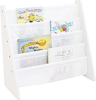 Humble Crew Children’s & Toddler Wooden Bookshelf - 4 Tier Kids Book Storage with Forward Facing Display, Deep Fabric Pockets - White