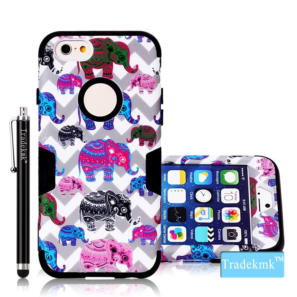 iPhone 6S Plus Case,iPhone 6 Plus Case, Tradekmk(TM) Brand New Fashion Hot Sale Hybrid Three-in-one Durable Bumper Hard Soft Combo Back Case Cover Protector[Cute Colorful Cartoon Elephants] Compatible with Apple iPhone 6 6S Plus(5.5)[+Stylus]-(Black)