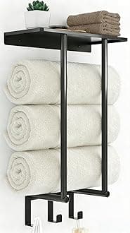 Towel Rack with Metal Shelf and 3 Hooks for Small Bathroom, Towel Storage Wall Can Holds Up to 3 Large Size(63x40 inch) of Rolled Towels, Black