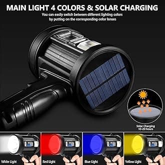 MIXILIN Rechargeable Spotlight, 90000 Lumens Handheld Hunting Flashlight Led Spot Light with Cob Light and Solar Panels, Lightweight and Super Bright Spotlight for Hunting Boating Camping