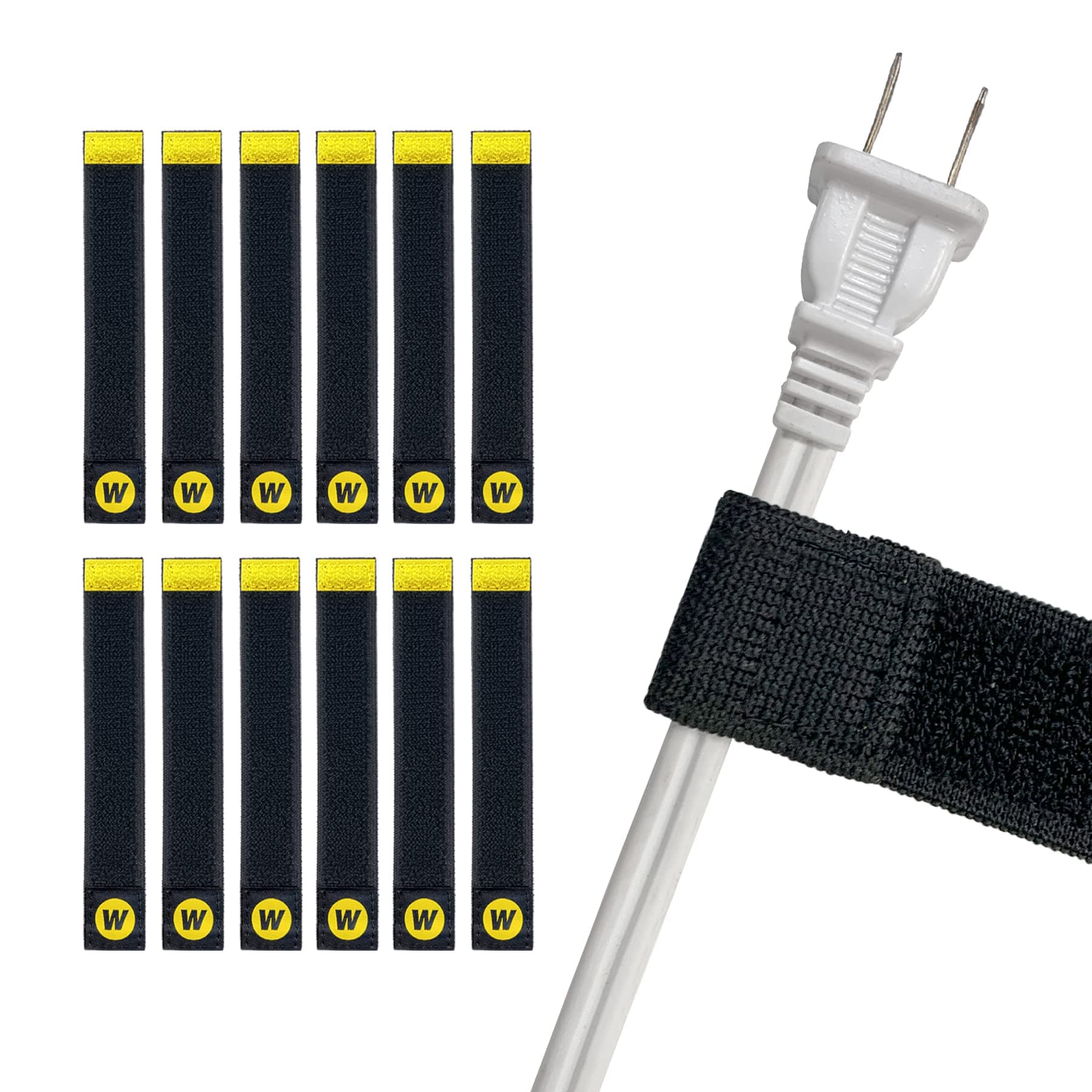 Selfie Straps by Wrap-It Storage - 6-inch (12-Pack) Black - Elastic Hook and Loop Cord Organizer Wraps for Phone Charger, Computer, Electrical Charging Cord and Cable Storage and Organization
