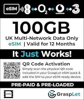 UK Multi-Network Data-Only eSIM | 12-Month Validity | Auto-Connects to Strongest Network: EE, Three, O2, or Vodafone | Compatible with eSIM Devices (100 GB - 12 Months)