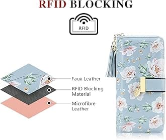 Pomelo Best Womens Wallet RFID Blocking Large Capacity Long Purse with 12 Card Slots, Zipper Phone Coin Pocket (Peony - Blue)