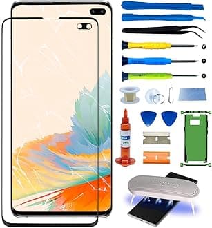 SKTJDL Original Samsung Galaxy S10 Plus Screen Replacement 6.4 inch 10+ Front Glass Screen Repair Kit incl Waterpoof Frame Adhesive,Repair Glue and Lamp Tool Kit(No Digitizer,No LCD) SM-G9750 Series