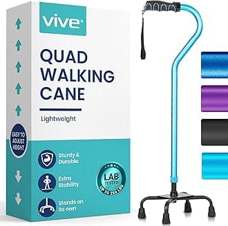 Quad Cane - Walking Stick for Men and Women - Lightweight Adjustable Staff - Comfortable Right and Left Hand Grip for Stability Support - Four Prong Sturdy Aluminum Travel Aid - 4 Tip Blue