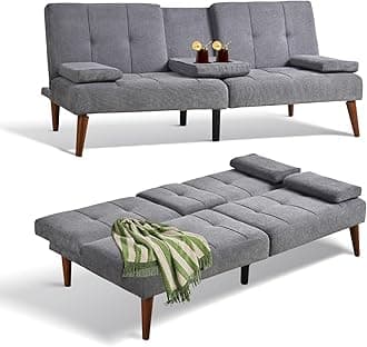 COLAMY Futon Sofa Bed-Fabric Small Couch, Small Lounge Convertible with 2 Cup Holders, Removable Soft Armrest, Adjustable Backrest for Dorm/Bedroom/College