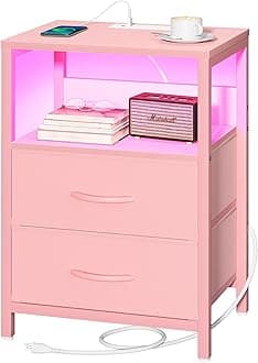 Yoobure Nightstand with Charging Station, LED Night Stand with Fabric Drawers and Storage Shelf for Bedroom, Nightstands Bedside Tables with USB Ports & Outlets, Small Night Stands, Bed Side Table
