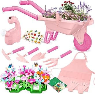 Qtioucp 16Pcs Kids Gardening Tools Outdoor Toys Set Backyard Play with 93 PCS DIY Flower Garden Building Preschool Activities (Pink)