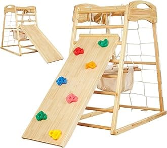 FUNLIO 7-in-1 Wood Indoor Playground for Toddlers 2-5, Montessori Climbing Toys with Solid Pine Wood, Indoor Jungle Gym for Kids with Swing/Slide/Climbing Rock/Net/Ladder/Monkey Bars/Gymnastic Rings