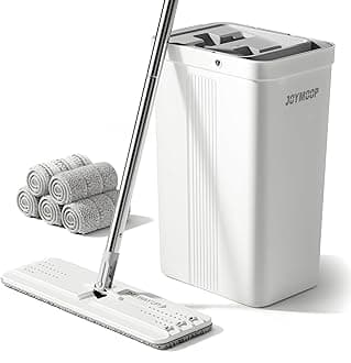 JOYMOOP Mop and Bucket with Squeezer Set White Flat Squeeze Mop Bucket Set for Floor Cleaning Wet Dry Mop Wall Cleaner with Long Handle Hardwood Floor Mop-5 Microfiber Cloth