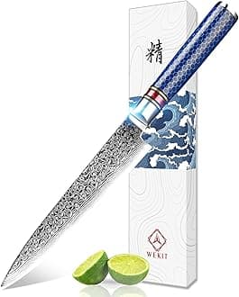 - 6 Inch Paring Knife Kitchen Utility Knife Damascus Knives Japanese Chef Knife High Carbon Steel Knife Gyuto VG-10 Chef Knife Ergonomic Design Blue Resin Handle with Gift Box & Sheath