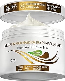 Keratin Hair Mask - Protein Repair Keratin Treatment - Deep Conditioner for Dry, Damaged, Curly, Straight & Frizzy Hair with Biotin, Collagen & Castor Oil - 13.5 Fl Oz