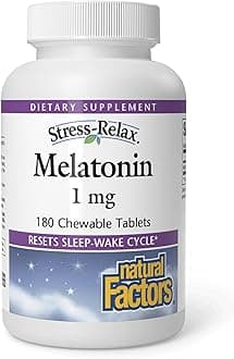 Stress-Relax Melatonin 1 mg by Natural Factors, Natural Sleep Aid, Resets the Sleep-Wake Cycle, 180 chewable tablets (180 servings), Peppermint Flavor