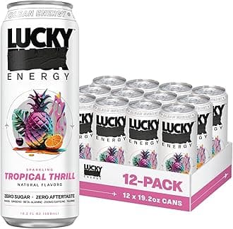 Lucky Energy Sugar Free Energy Drinks, Tropical Thrill, 16oz Cans (12-Pack) Healthy, Zero Sugar Energy Drink with Maca, Ginseng, Beta-Alanine, Taurine & 200mg Caffeine