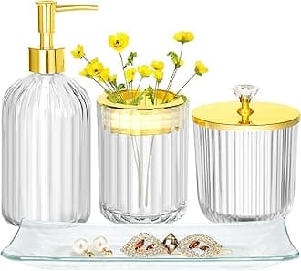 Haturi Bathroom Accessories Set, 4 Pcs Clear Glass Bathroom Accessories Sets Complete w/Lotion Soap Dispenser, Toothbrush Holder, Apothecary Jar, Vanity Tray, Bathroom Decor, Gift for Home Apartment
