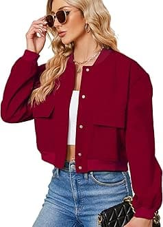 Zando Short Bomber Jacket Women Cropped Jacket Button Down Bomber Jackets for Women Casual Jackets with Pockets Long Sleeve Baseball Jacket Womens Varsity Jacket Outwear Ladies Jackets Red M